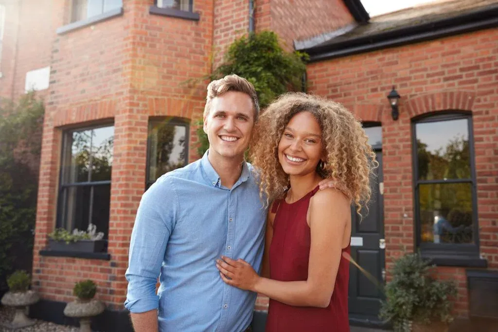 Two people standing outside a home
