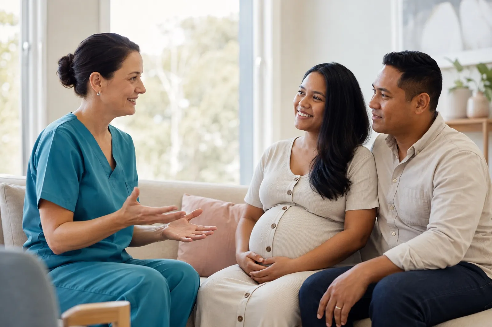 Illustration of a midwife speaking with an expectant parent and partner