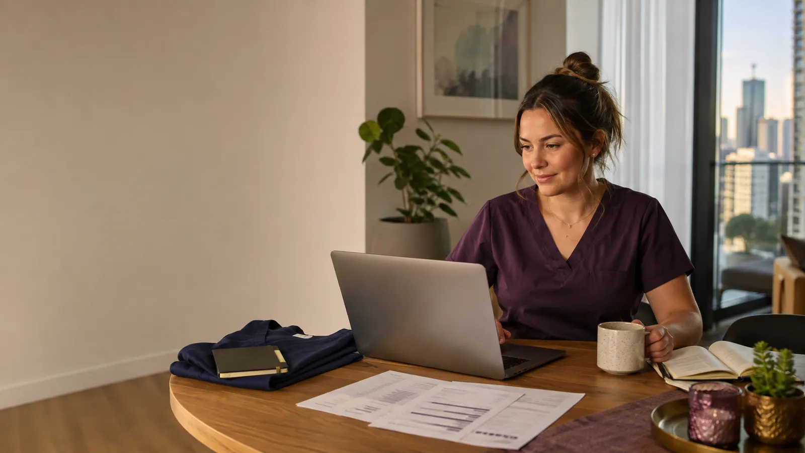 Illustration: Sonographer reviewing home-loan figures at home after work