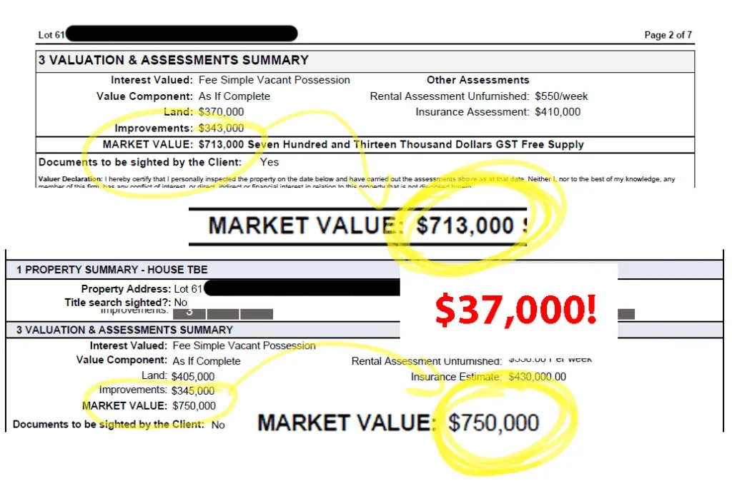 Two redacted valuation extracts showing finished values of $750,000 and $713,000, a difference of $37,000