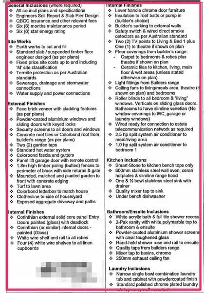 An example building specification listing site works, finishes and room inclusions