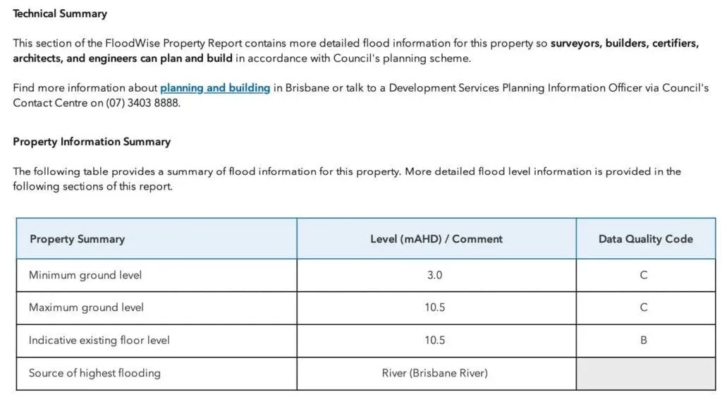 Floodwise Property Report Technical Summary