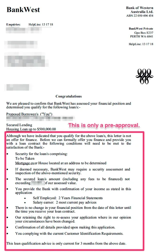 Redacted historical Bankwest pre-approval letter highlighting conditions still to be met