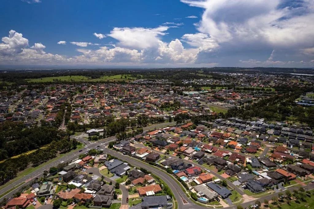 An aerial view of a residential suburb