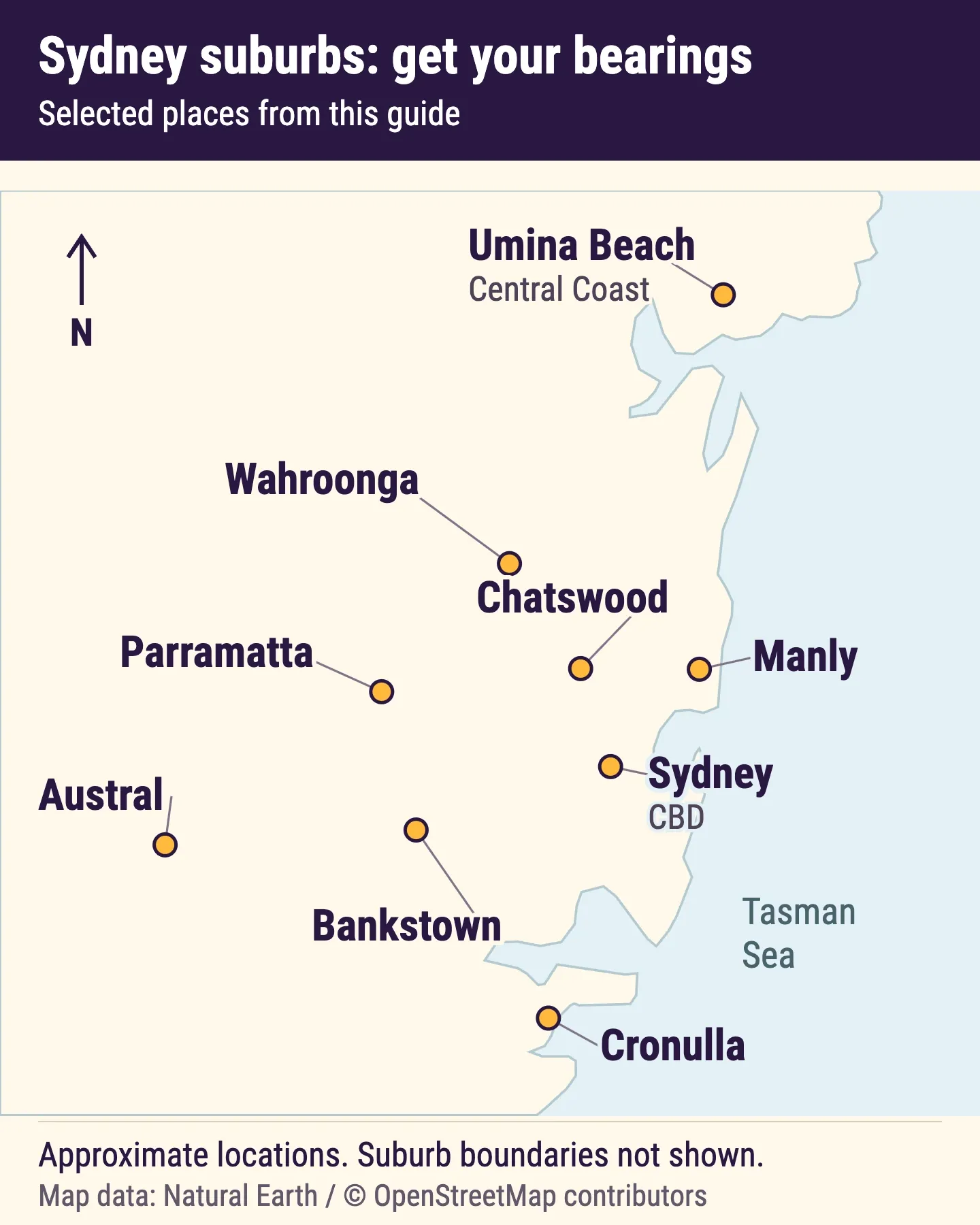 Map showing Parramatta and Bankstown west of Sydney CBD, Austral southwest, Wahroonga and Chatswood north, Manly northeast, Cronulla south, and Umina Beach further north on the Central Coast.