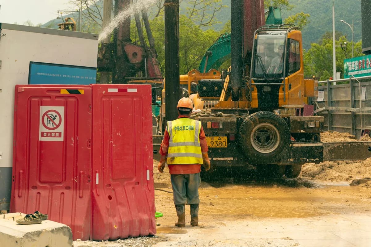 A construction worker in high-visibility gear beside piling machinery on a construction site