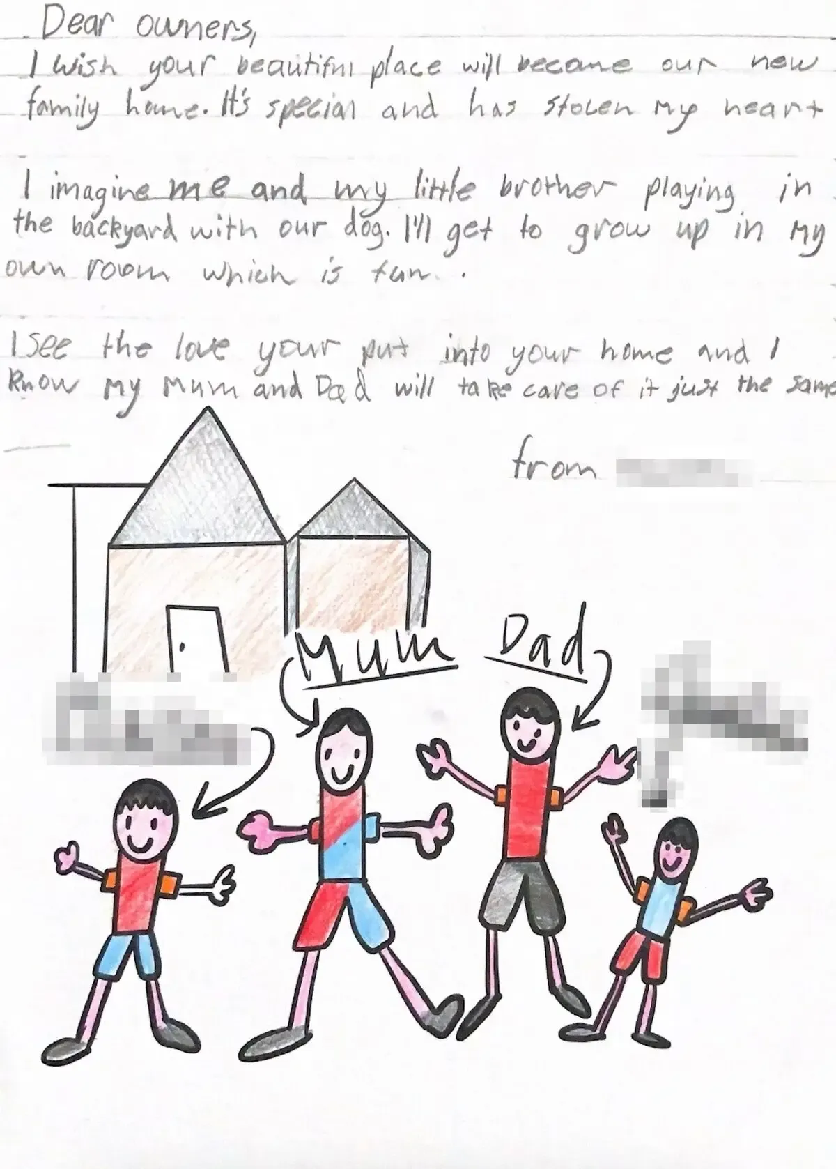 Example handwritten personal letter from a buyer's child to a home seller