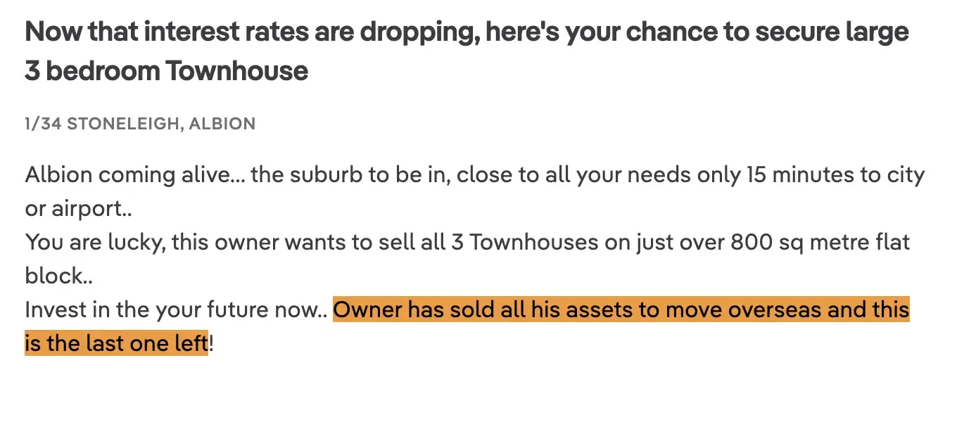 Property listing noting the owner is moving overseas and wants to sell