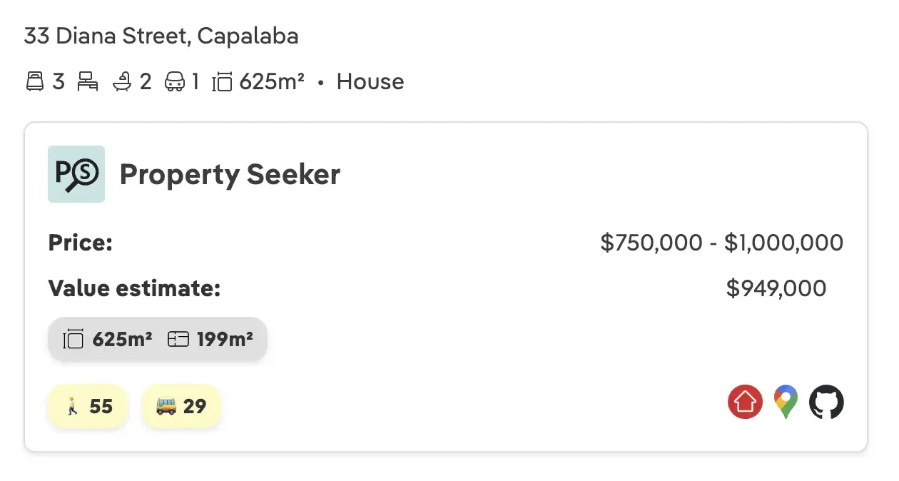 Property Seeker showing an advertised price range and estimated property value