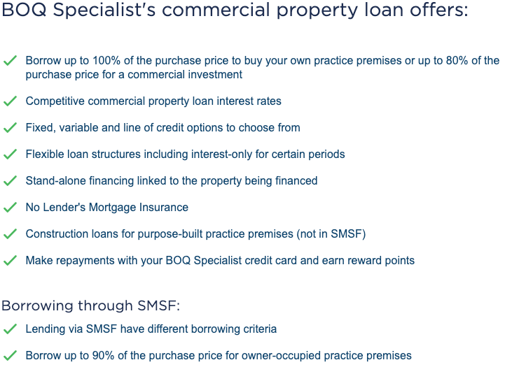 commercial property loan options boq specialist