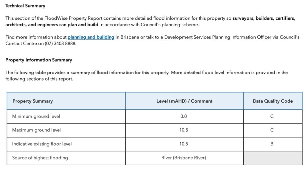 Floodwise Property Report Technical Summary